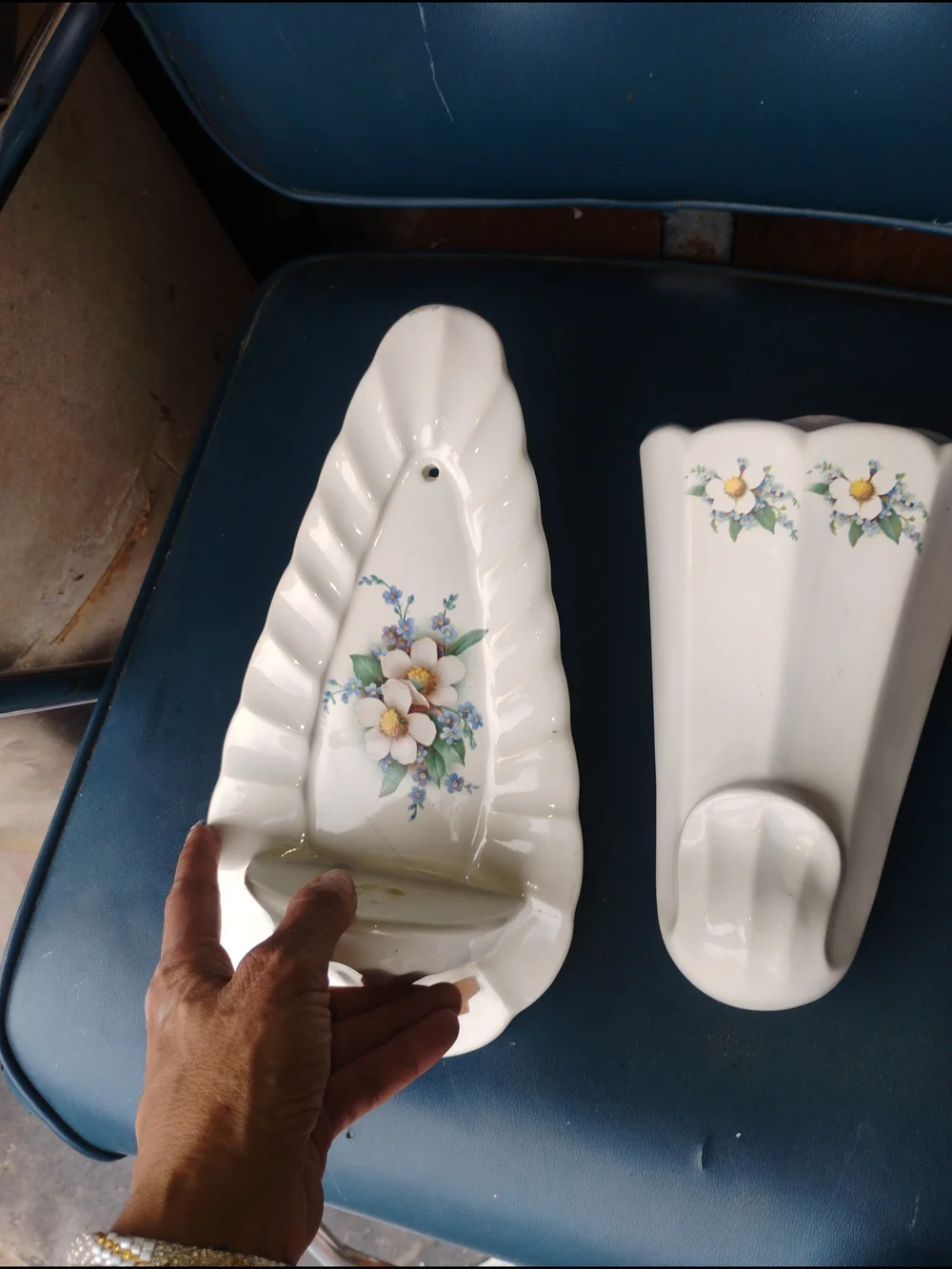 Vintage Mccoy White Ceramic Floral Wall Pockets with Yellow-Centered Blooms